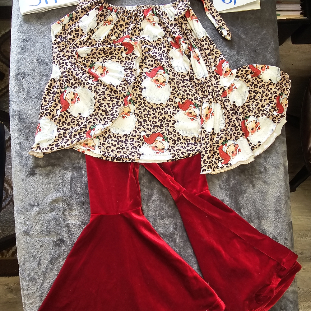 Leopard Print Top and Red Velvet Pants Set